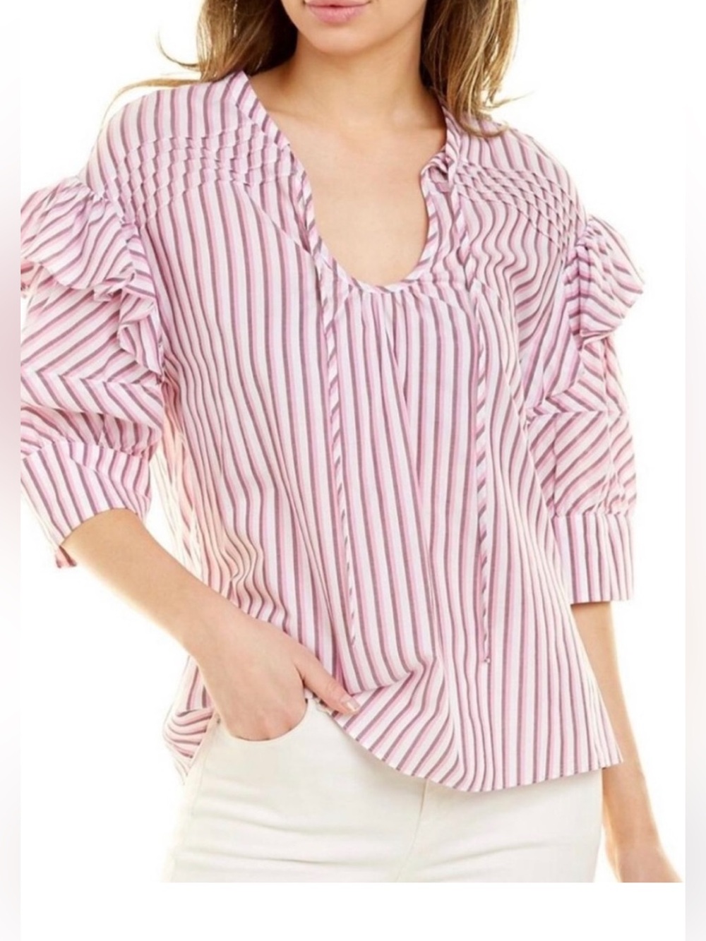 Tanya Taylor Pink & White Striped Ruffle Sleeve Blouse (MSRP $345)
